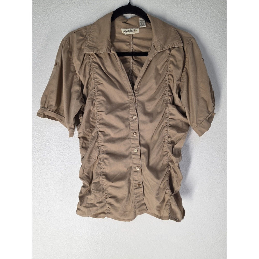 Gold Place Women S Tan Collared Cotton T-Shirt Short Sleeve Solid Top Blouse